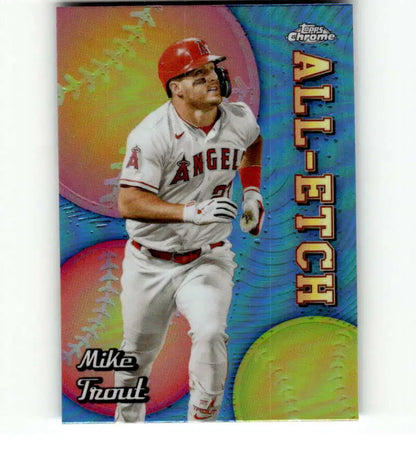 Chrome baseball card of Mike Trout in Angels uniform, featuring Etch Refractor design