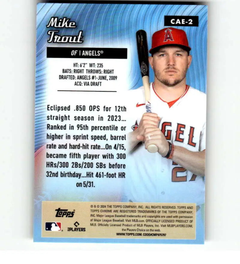 Baseball card of Mike Trout in uniform for Los Angeles Angels, Etch Refractor edition