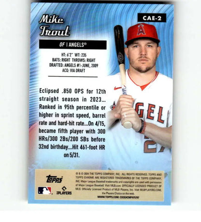 Baseball card of Mike Trout in uniform for Los Angeles Angels, Etch Refractor edition