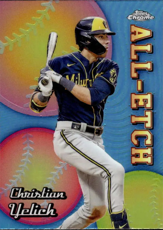 Christian Yelich in navy uniform at bat on 2024 Topps Chrome All Etch Refractor card