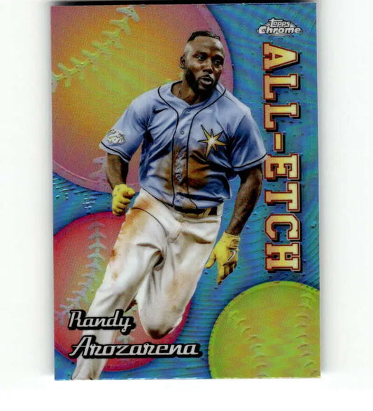 Colorful holographic Tampa Bay Rays Randy Arozarena baseball card in light blue jersey