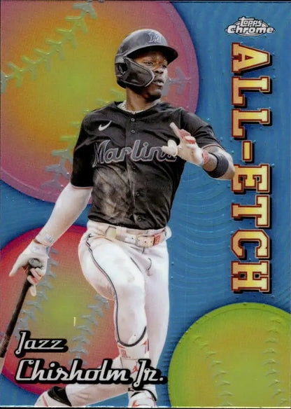 Baseball player in a Miami Marlins jersey with bat for Topps Chrome Etch Refractor Jazz Chisholm