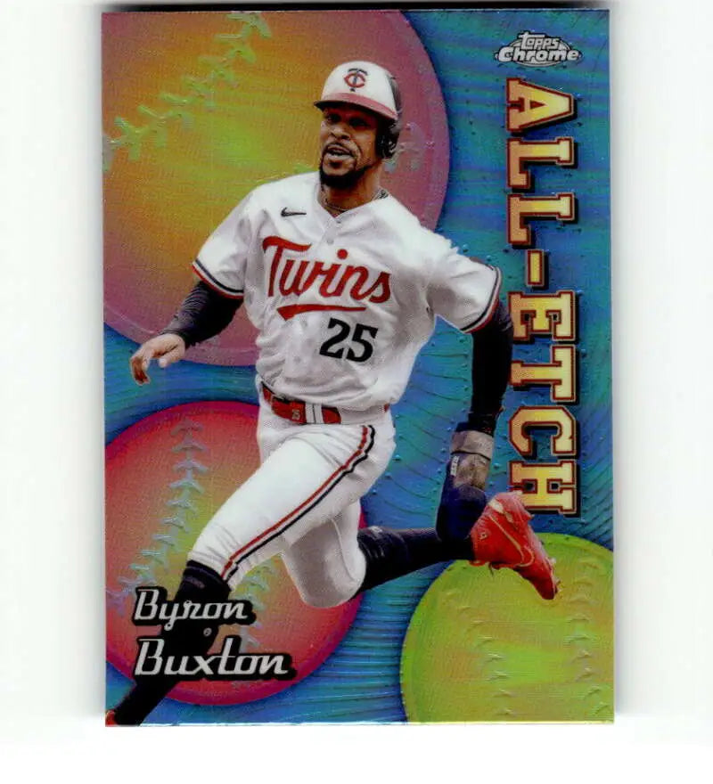 Byron Buxton running in jersey number 25 on a Topps Chrome Etch Refractor card