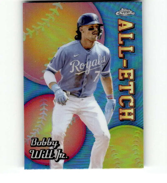 Holographic Kansas City Royals baseball card of Bobby Witt in gray road uniform