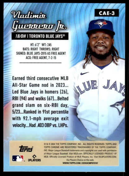 Vladimir Guerrero Jr. Topps Chrome All Etch Refractor baseball card showcasing achievements