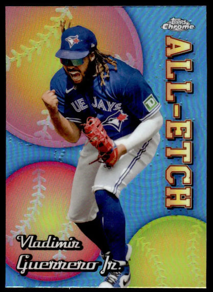 Baseball card of Vladimir Guerrero Jr. in Toronto Blue Jays uniform, Topps Chrome Etch Refractor