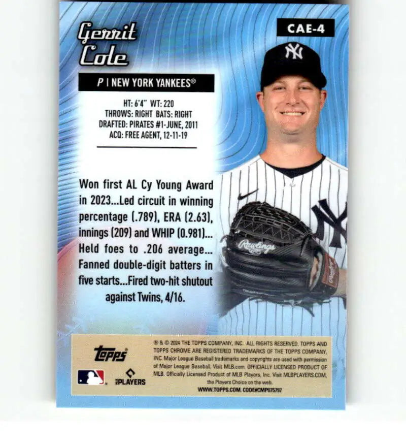 Baseball card of Gerrit Cole in pinstripes, featuring Etch Refractor design