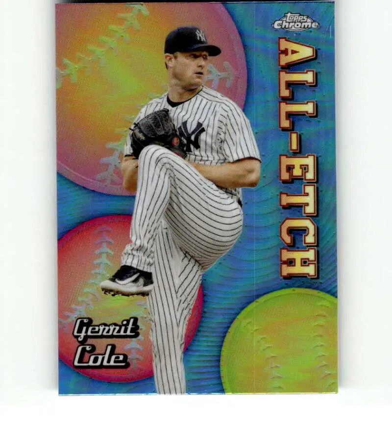 Baseball card of Gerrit Cole in pinstripes mid-delivery, 2024 Topps Chrome Etch Refractor