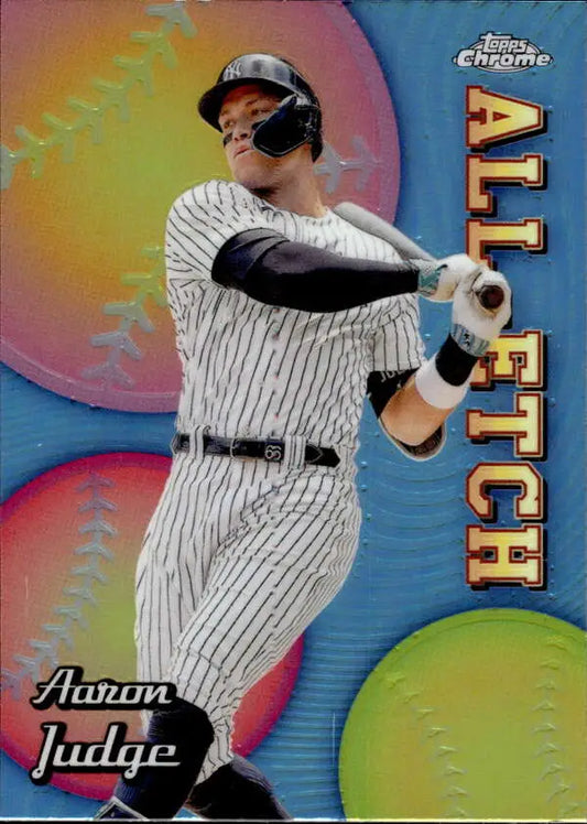 Baseball trading card of Aaron Judge in pinstripes from Topps Chrome Etch Refractor series