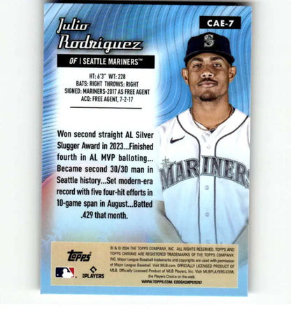 Baseball card of Julio Rodriguez in a white Seattle Mariners jersey, Etch Refractor style