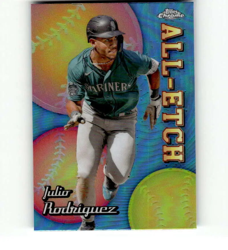 Topps Chrome Etch Refractor of Julio Rodriguez running the bases for Seattle Mariners