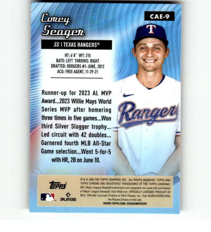 Baseball card of Corey Seager highlighting Texas Rangers career stats and achievements