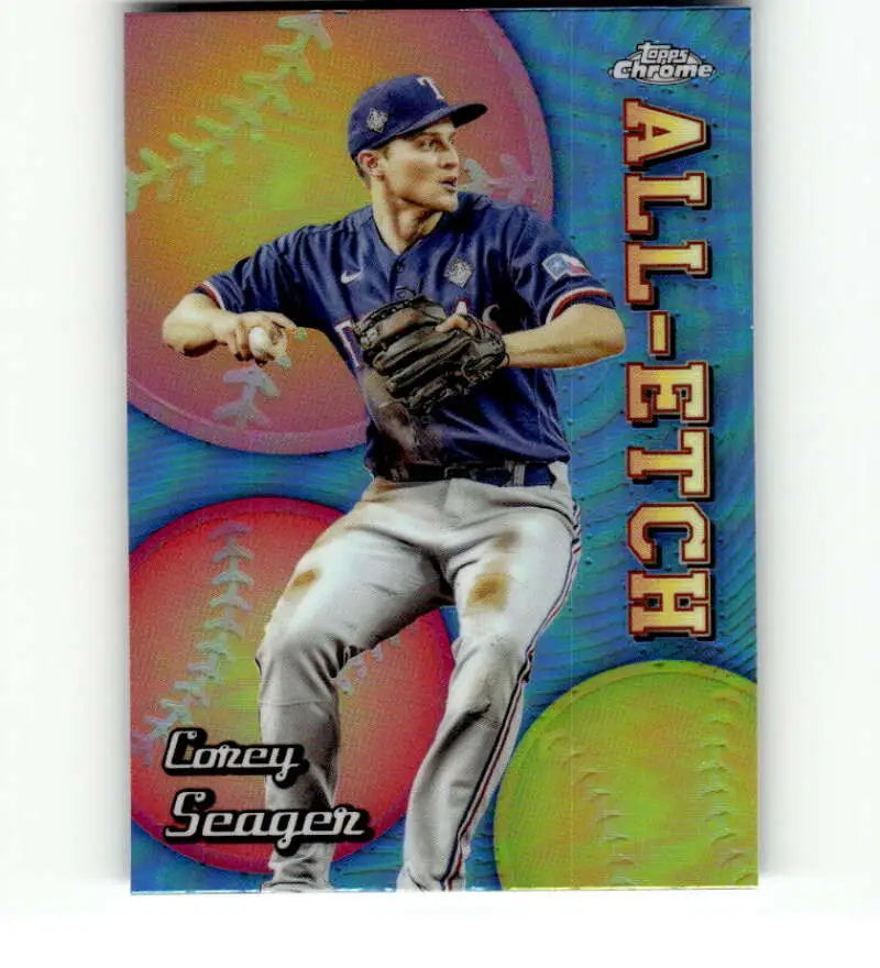 Baseball player in Milwaukee Brewers uniform throwing baseball on Corey Seager card