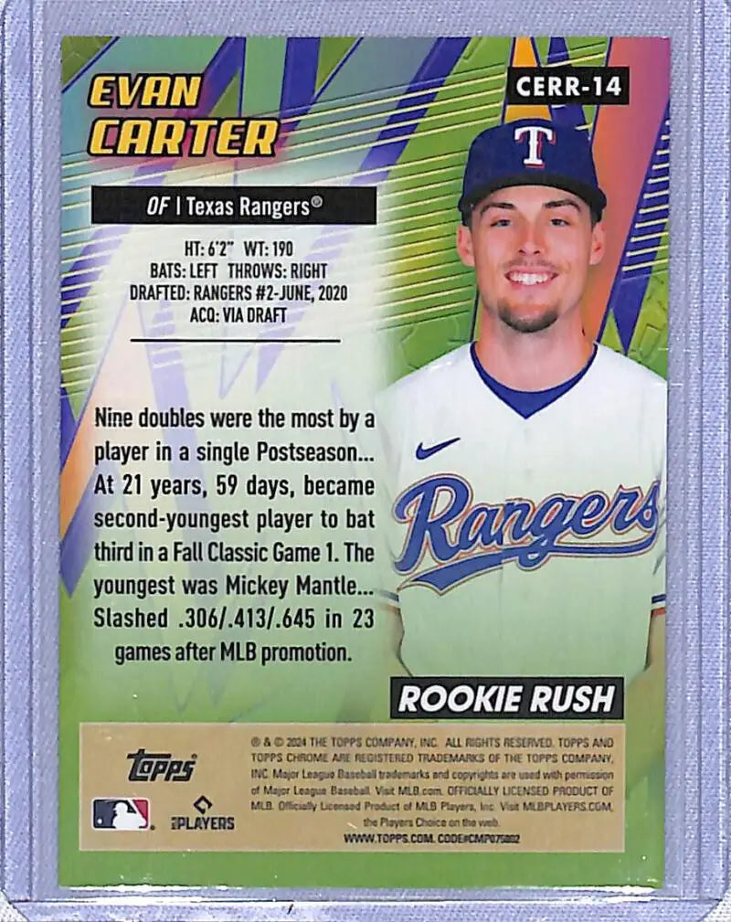 Texas Rangers Evan Carter 2024 Topps Chrome Etch Rookie Rush Refractor Green Baseball Card