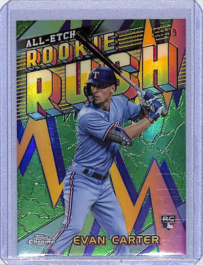 2024 Topps Chrome Etch Rookie Rush Evan Carter Texas Rangers card in light blue uniform