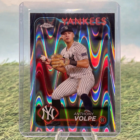 Anthony Volpe baseball card from 2024 Topps Chrome Ray Wave Refractor Yankees