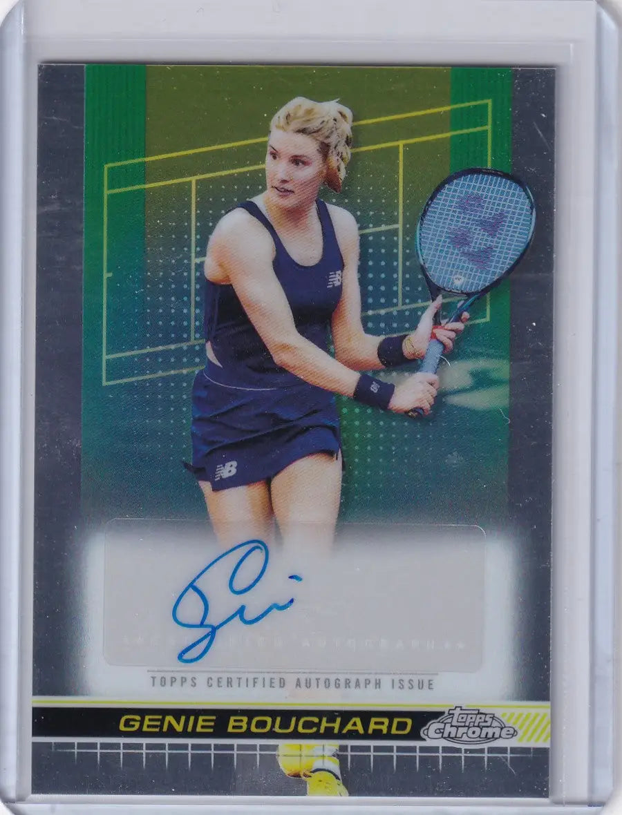 Tennis trading card of Genie Bouchard in navy outfit for Topps Chrome Auto collection