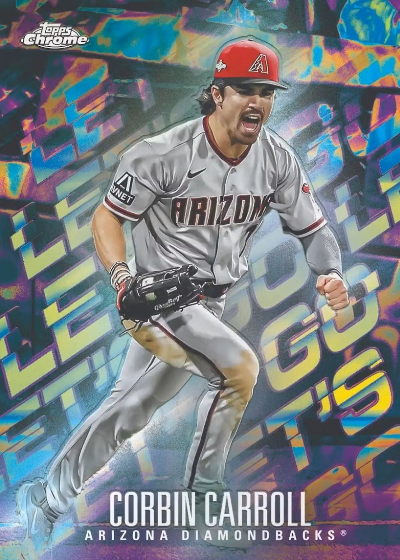 Baseball player in Arizona Diamondbacks uniform celebrating with clenched fists, 2024 Topps Chrome