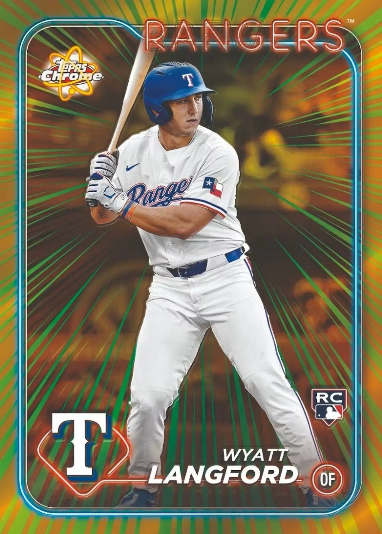 Baseball card of Texas Rangers player in white uniform from 2024 Topps Chrome Blaster Box