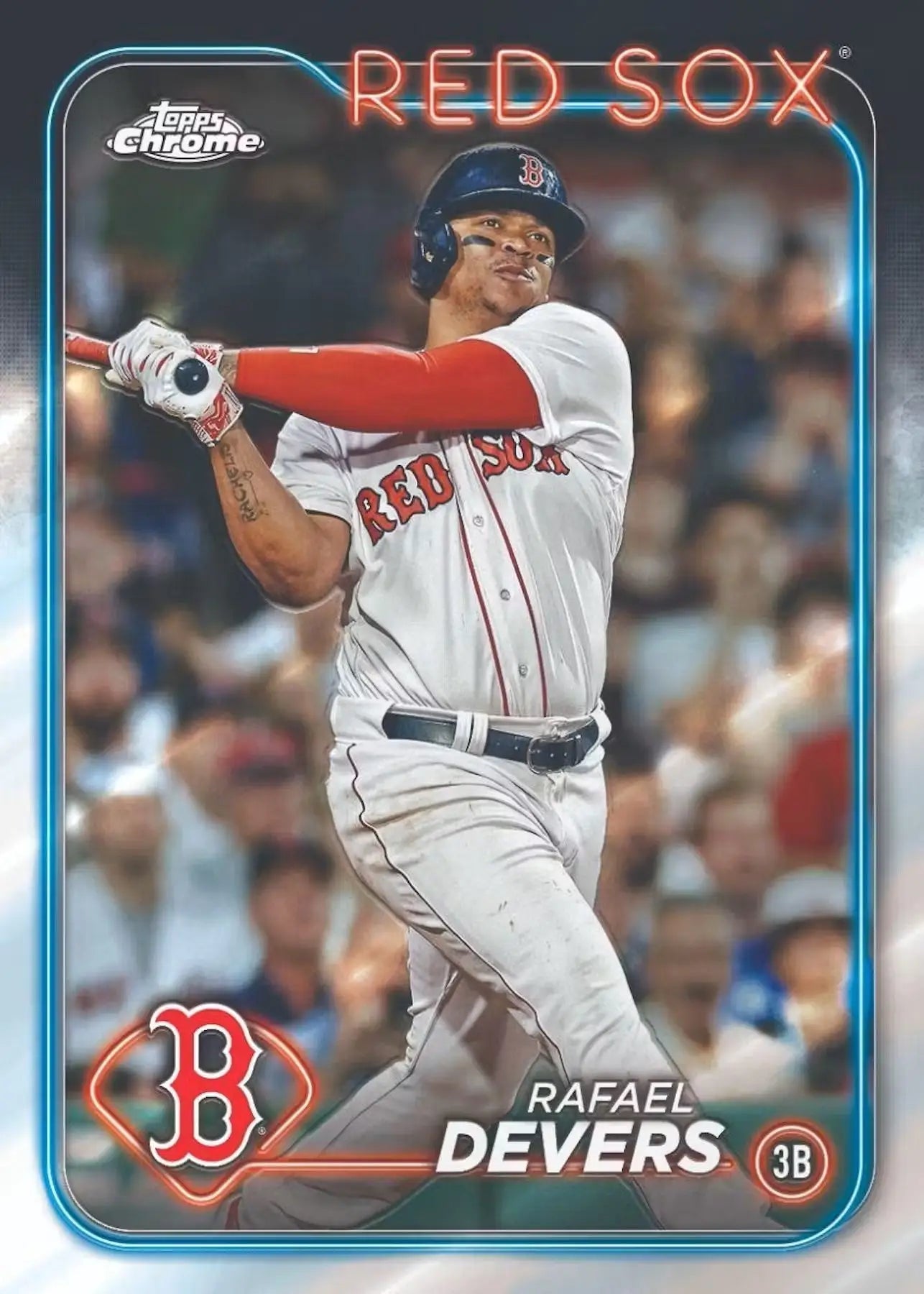 Baseball card of a Red Sox player batting in a white uniform from Topps Chrome retail exclusive