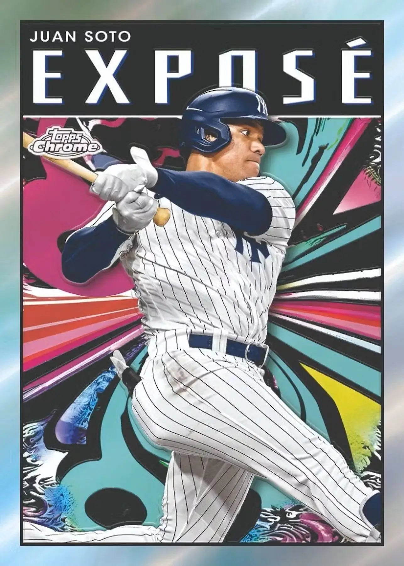 Yankees player in pinstripes batting on a colorful background, featuring a refractor parallel