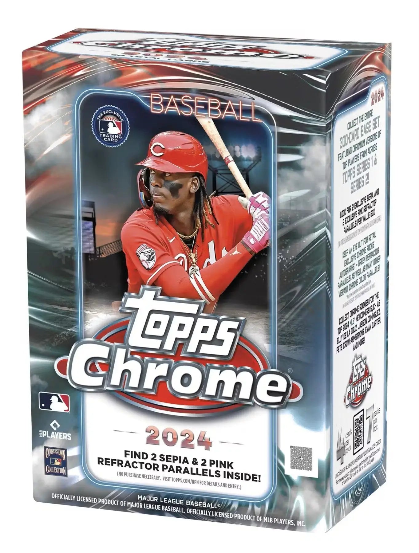 2024 Topps Chrome Baseball Blaster Box with red refractor player card display