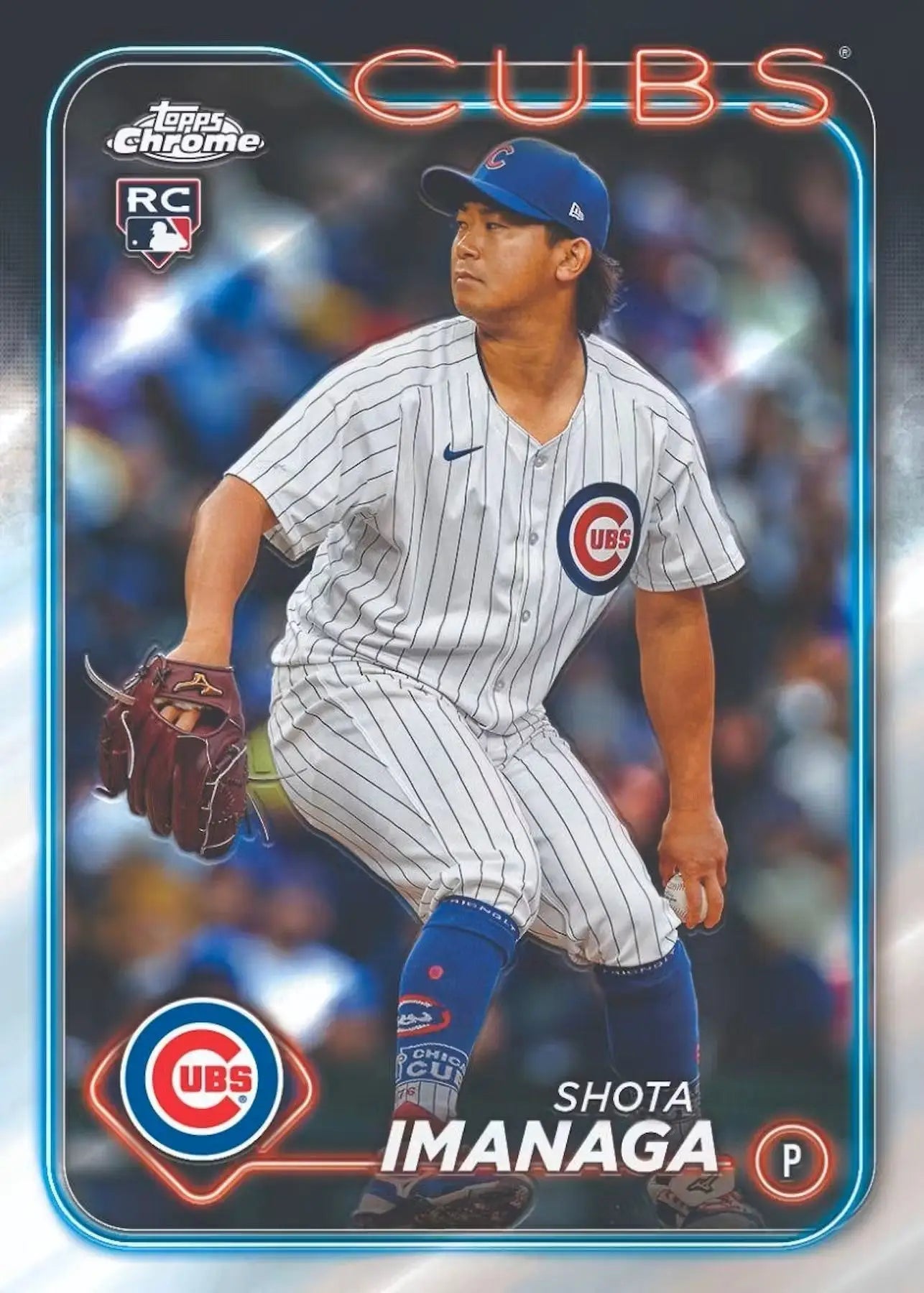 2022 Topps Chrome baseball card of Chicago Cubs pitcher in pinstriped jersey, red refractor