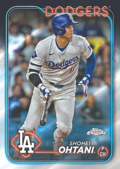 Dodgers player batting on 2024 Topps Chrome Baseball Blaster Box red refractor parallel