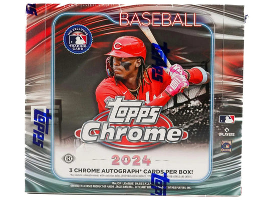 2024 Topps Chrome Baseball Hobby Jumbo Box with player in red uniform and refractor parallel