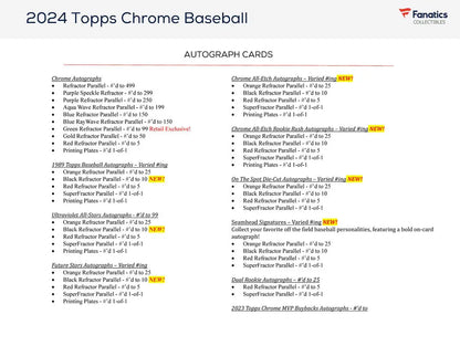 Checklist for 2024 Topps Chrome Baseball cards in Hobby Value Box with two base card info