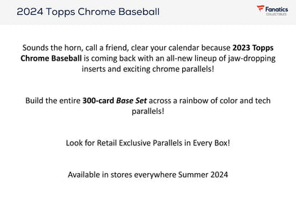 Advertisement for 2024 Topps Chrome Baseball Hobby Value Box featuring retail exclusive parallels