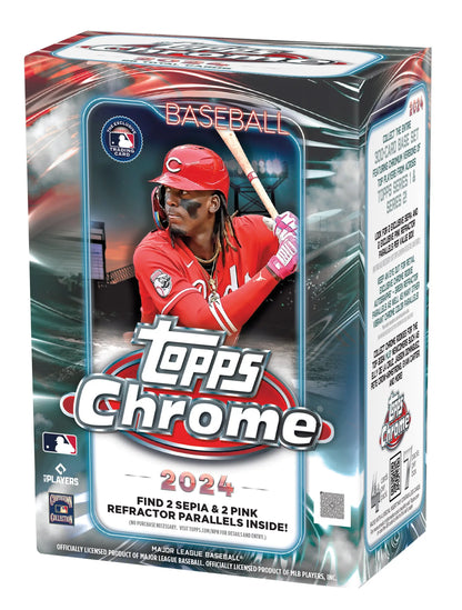 2024 Topps Chrome Baseball Hobby Value Box with player in red uniform at bat