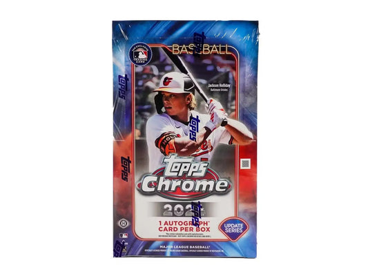 2024 Topps Chrome Baseball Update Hobby Box featuring vibrant red and blue design elements