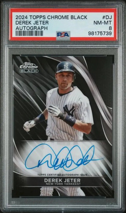 PSA-graded 2024 Topps Chrome Black autographed Derek Jeter baseball card in pinstripes