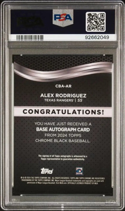 PSA-graded Topps Chrome Black Alex Rodriguez autograph card with certification 92662049