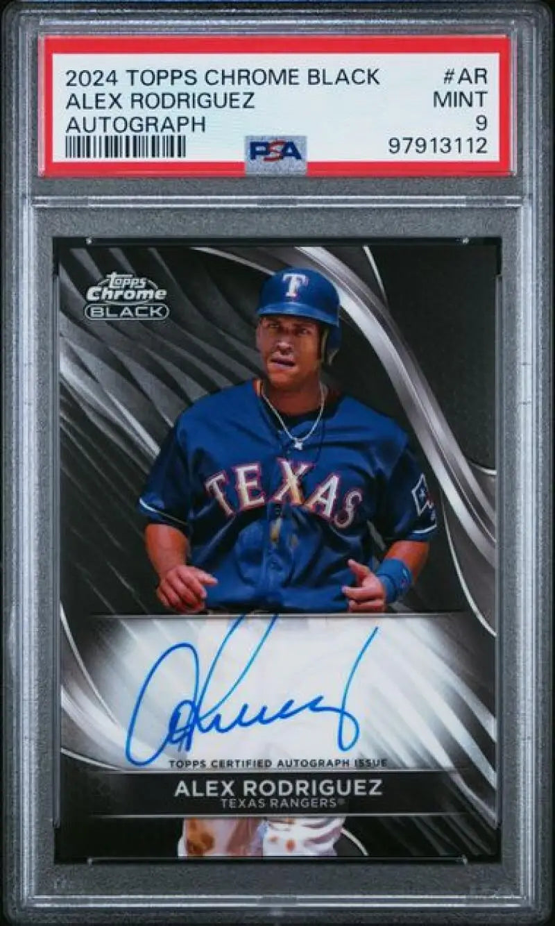 PSA-graded 2024 Topps Chrome Black Alex Rodriguez Texas Rangers baseball card in blue uniform