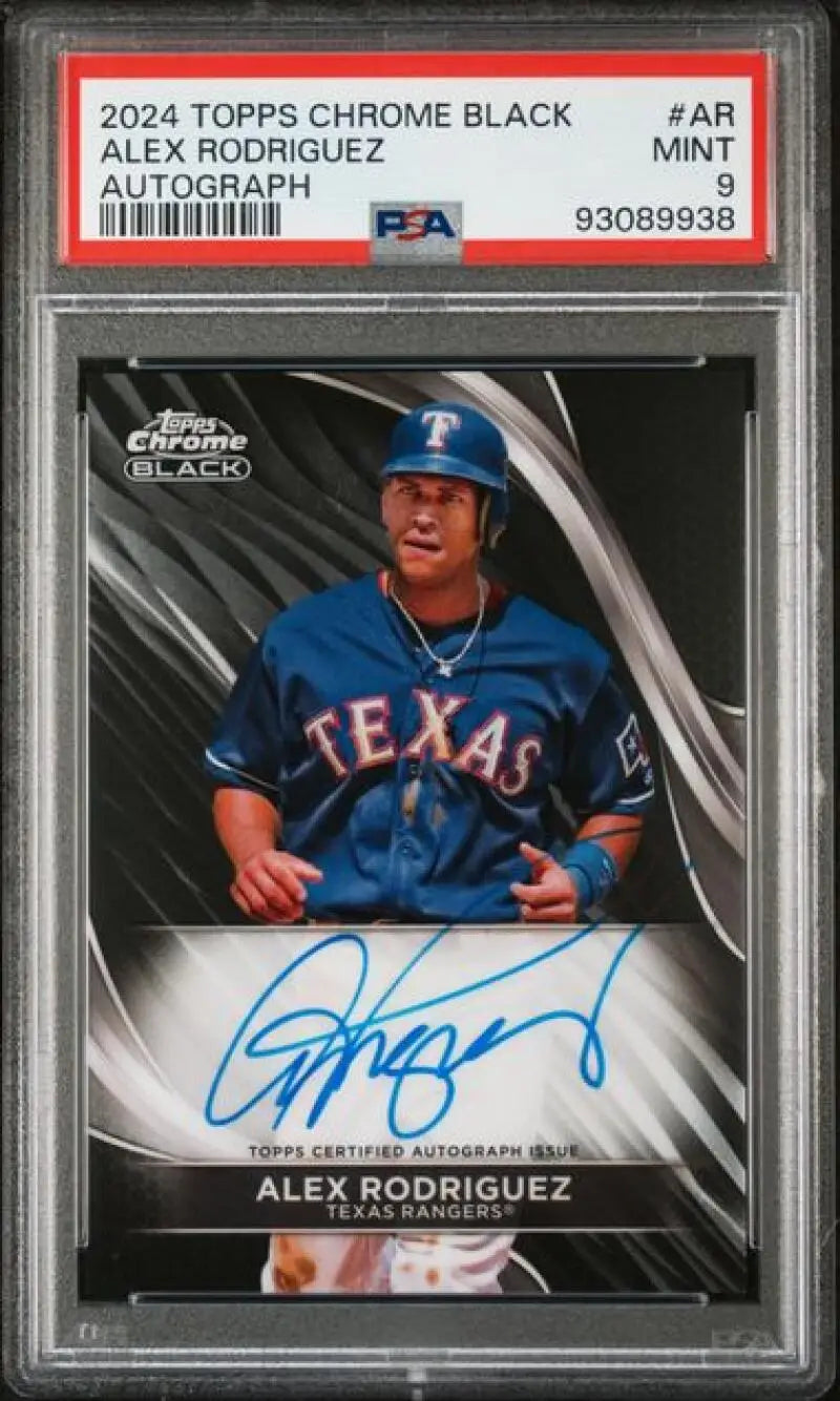 PSA-graded 2024 Topps Chrome Black autographed Alex Rodriguez baseball card for Texas Rangers