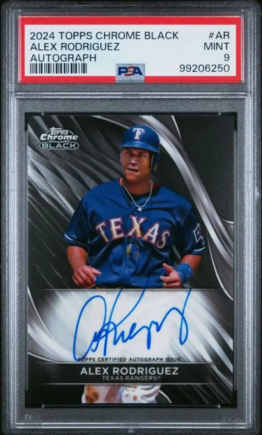 PSA-graded 2024 Topps Chrome Black Alex Rodriguez autographed Texas Rangers card