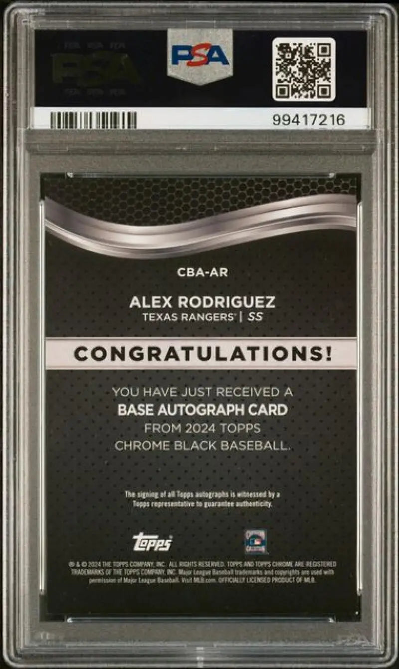 Back side of a PSA-graded Topps Chrome Black Alex Rodriguez card with QR code