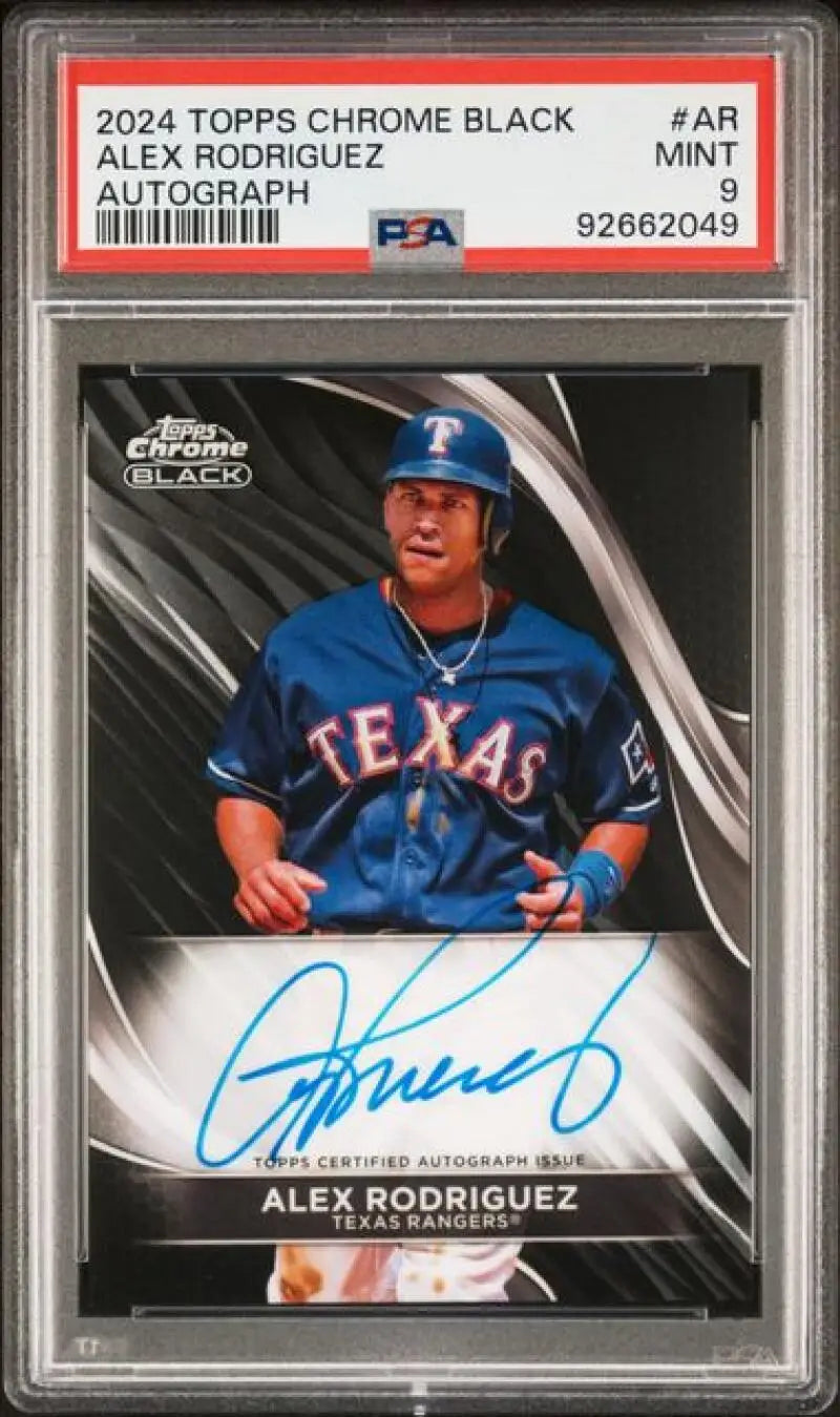 PSA-graded 2024 Topps Chrome Black Alex Rodriguez autographed Texas Rangers card