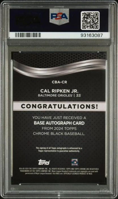 Back side of a PSA 10 GEM MINT Cal Ripken Jr. autographed baseball card, Baltimore Orioles