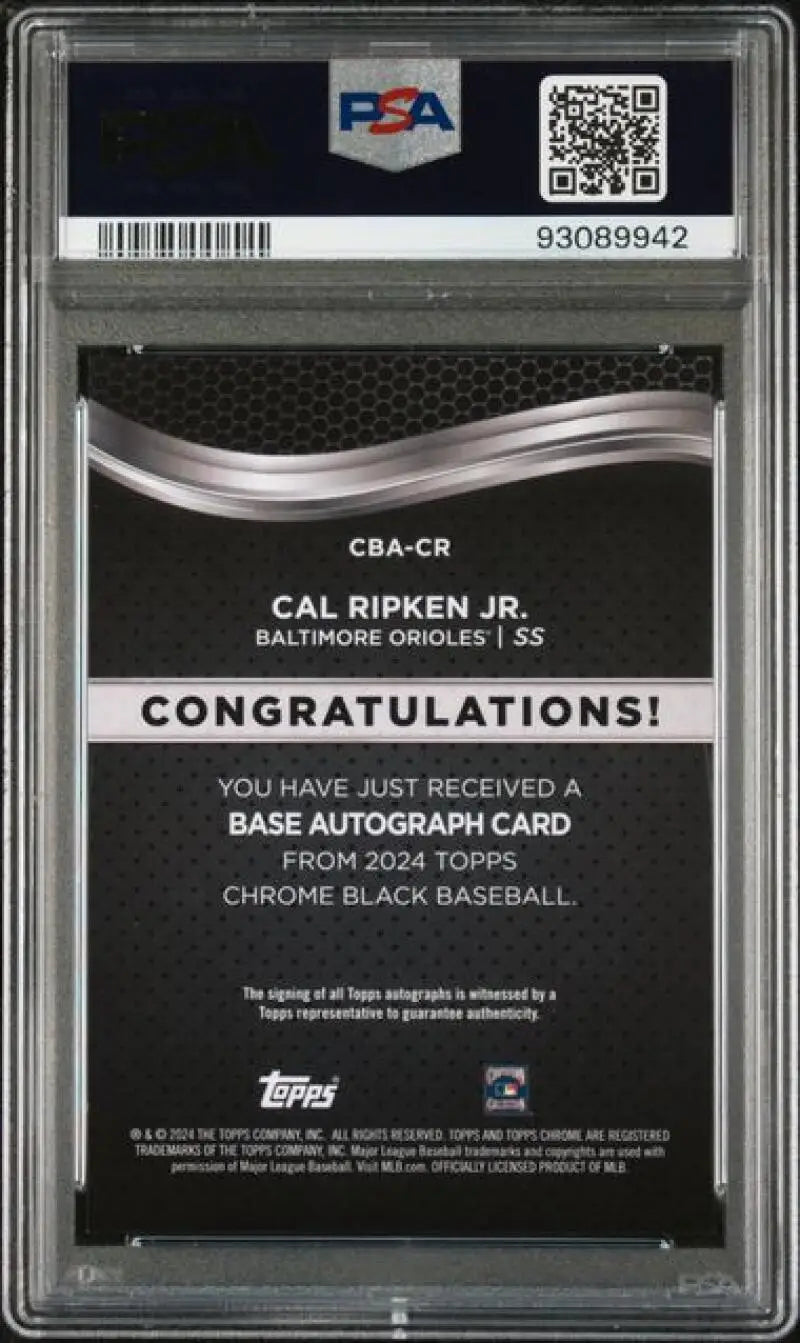 Back of 2024 Topps Chrome Black Cal Ripken Jr. Baseball Card PSA 10 GEM MINT Auto