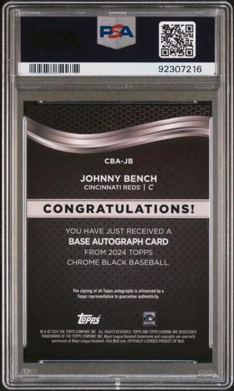 Back of a PSA-graded 2024 Topps Chrome Black Johnny Bench Baseball Card with QR code