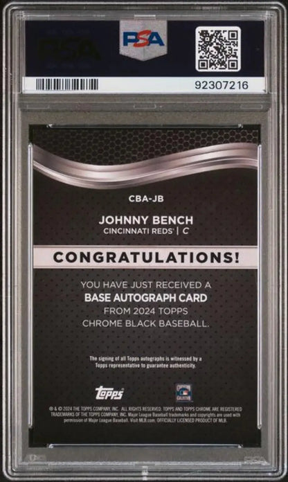 Back of a PSA-graded 2024 Topps Chrome Black Johnny Bench Baseball Card with QR code