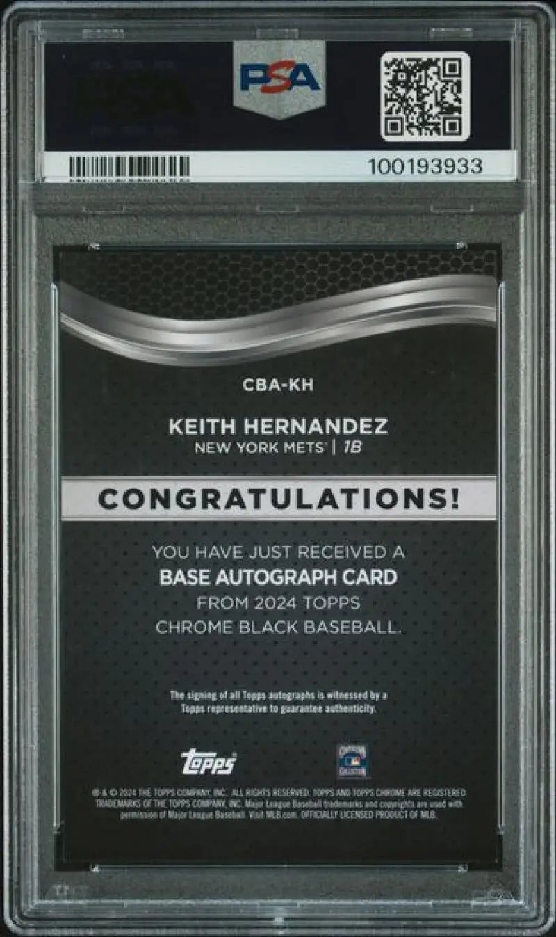 Back side of a PSA-graded Topps Chrome Black Keith Hernandez baseball card with certification