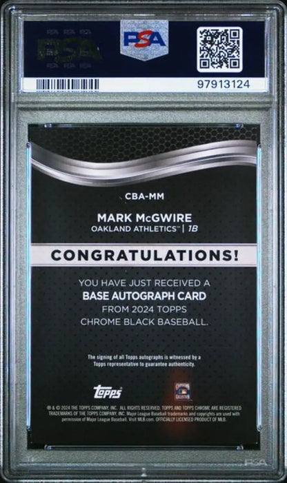 PSA-graded Topps Chrome Black Mark McGwire baseball card back with authentication details