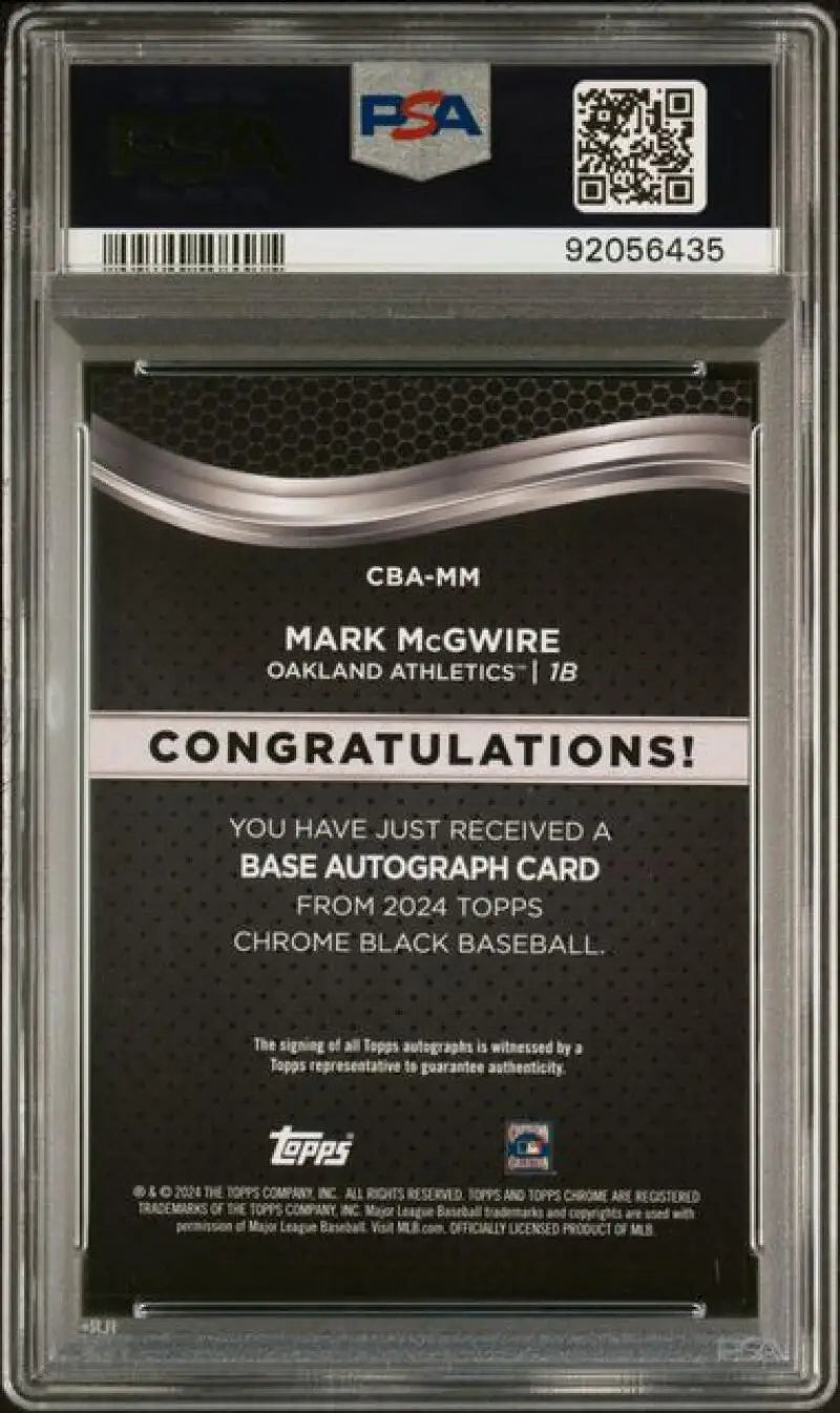 Back side of 2024 Topps Chrome Black Mark McGwire PSA 9 Auto Baseball Card