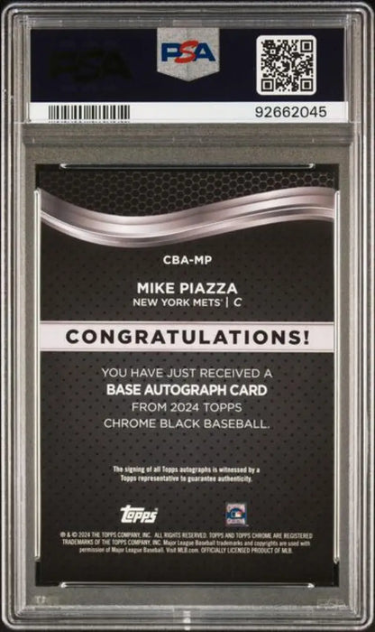 Back view of 2024 Topps Chrome Black Mike Piazza PSA 9 Auto New York Mets Card