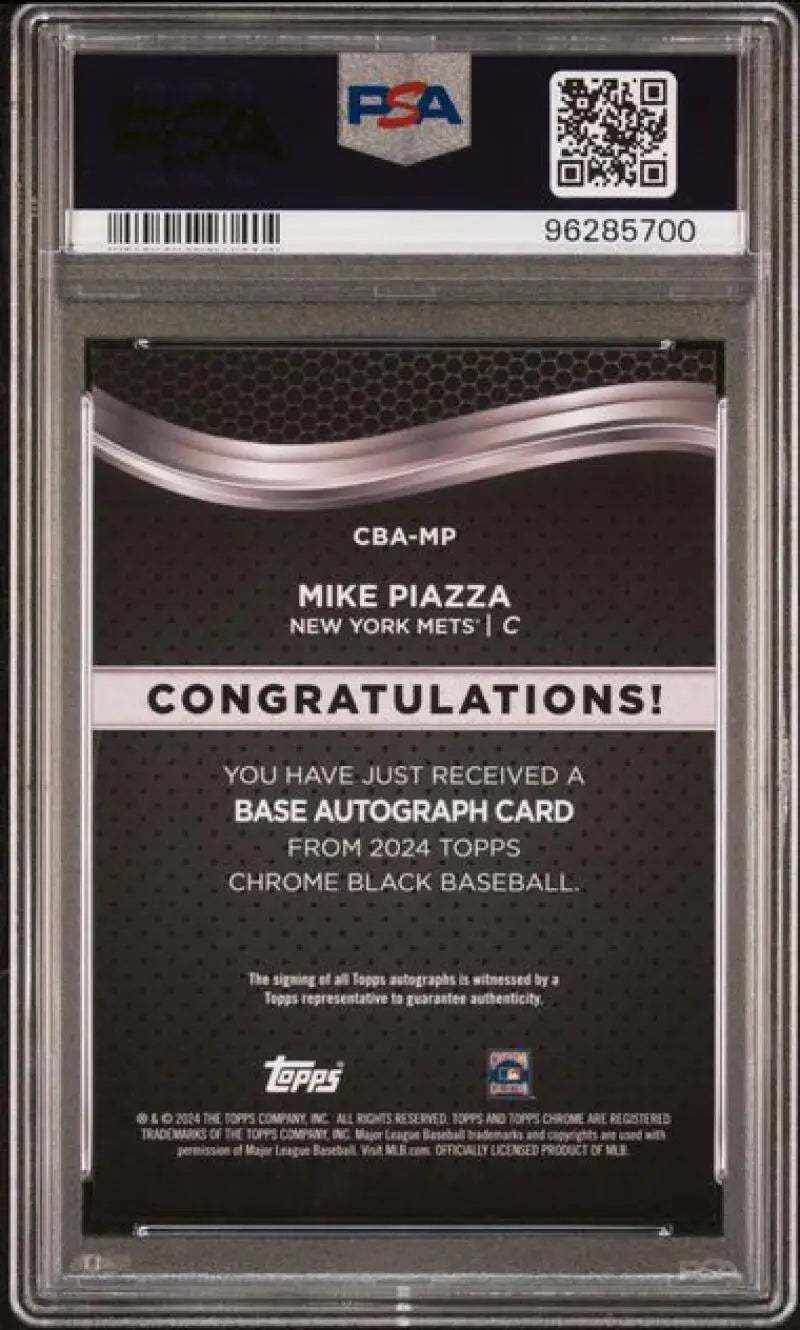 Back side of a PSA-graded Topps Chrome Black Mike Piazza autograph baseball card