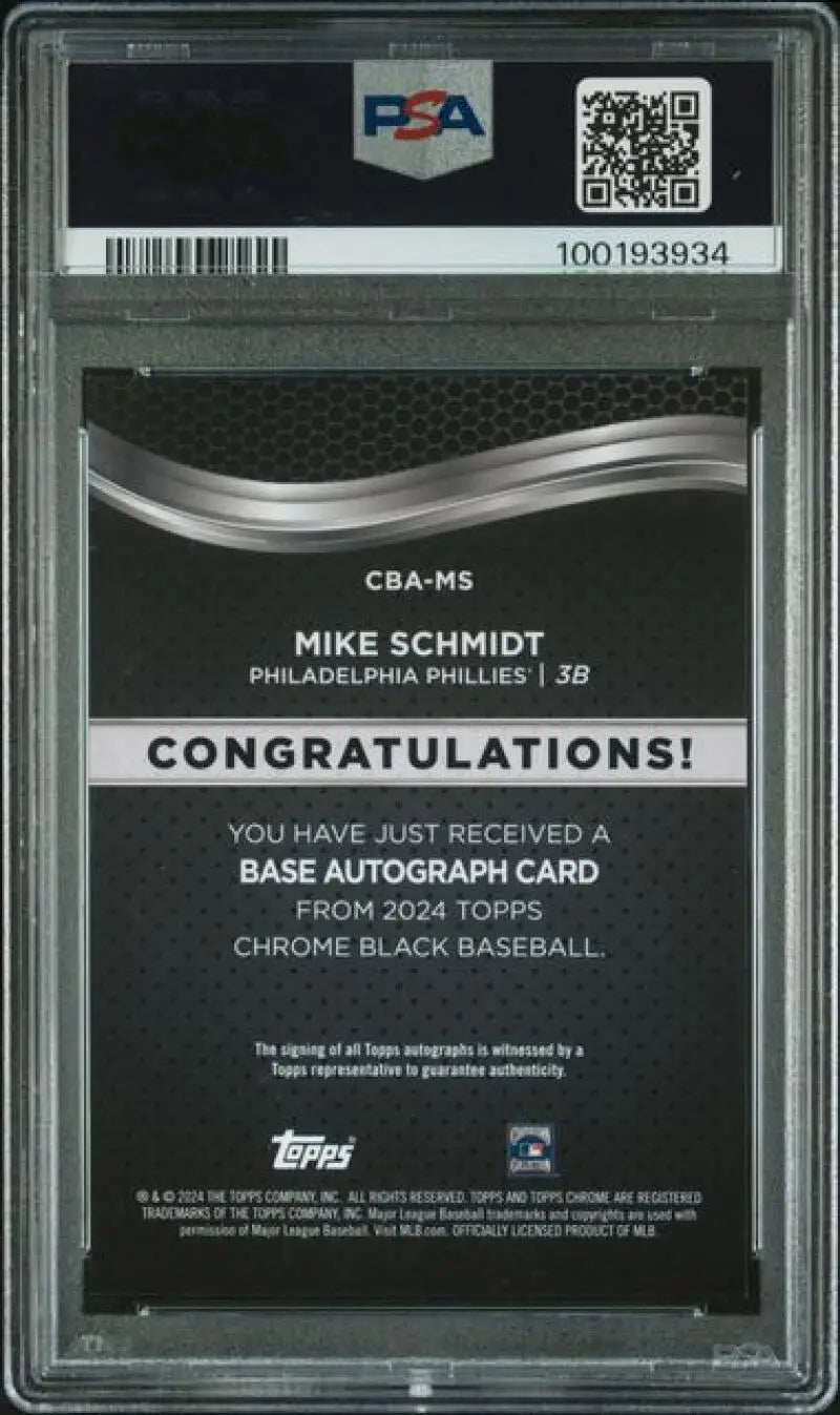 PSA 10 Gem Mint Mike Schmidt Topps Chrome Black Baseball Card in protective holder